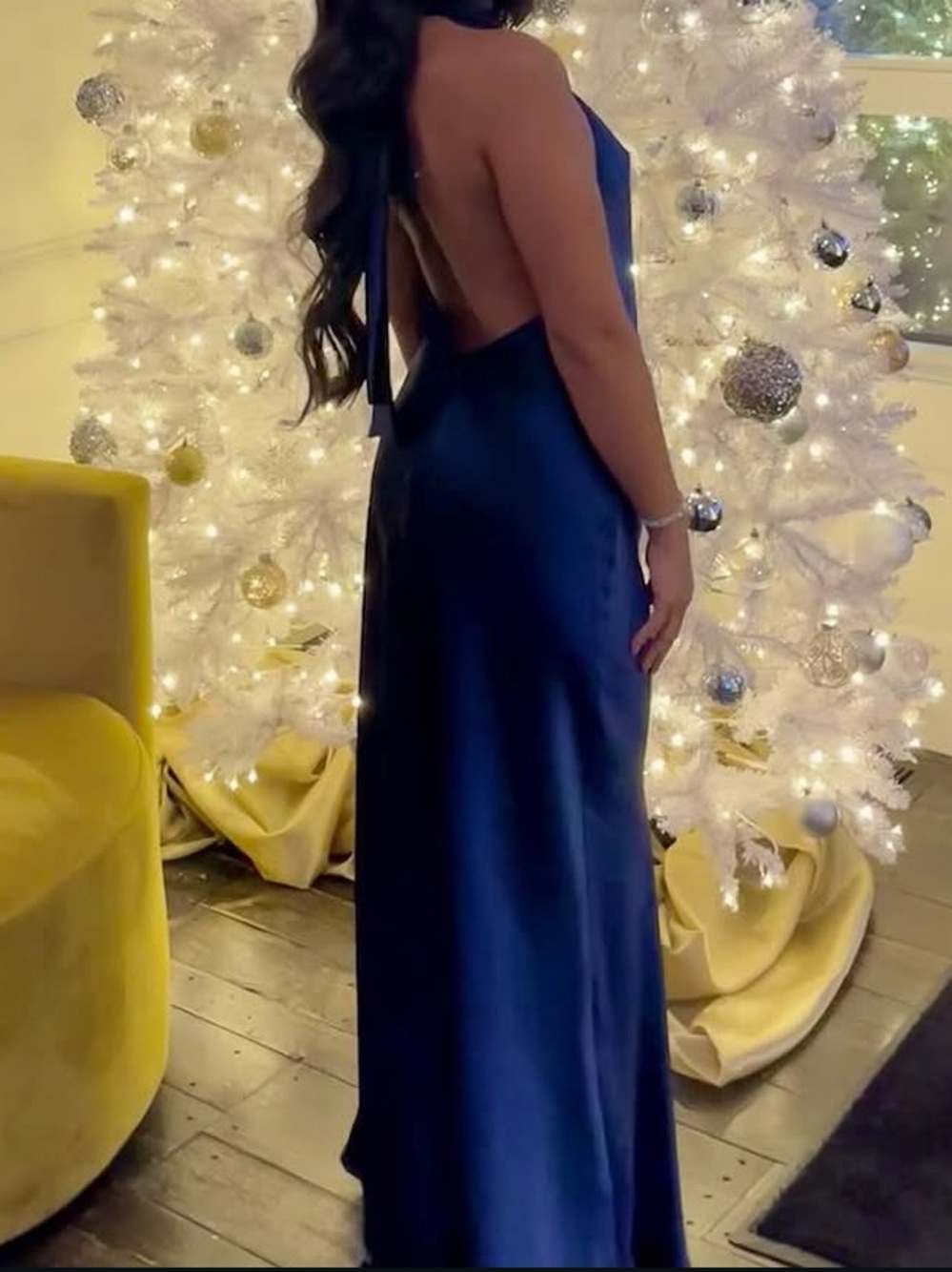 Zara Navy Blue Backless Satin Halter Gown